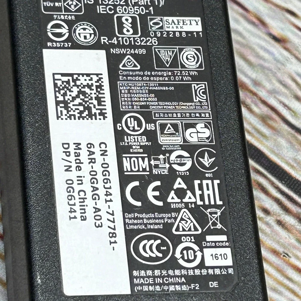 Dell Genuine 65W AC Adapter Laptop Charger 19.5V 3.34A HA65NS5-00‎ 0G6J41 Black